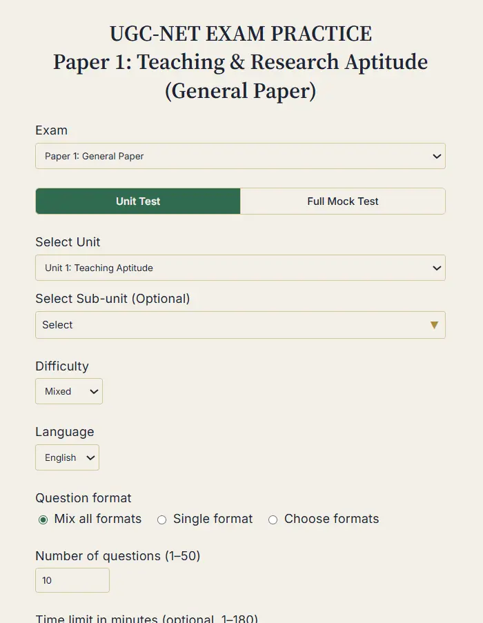 AI Coach practice screen: choose exam, unit, sub-unit, difficulty, language and question format